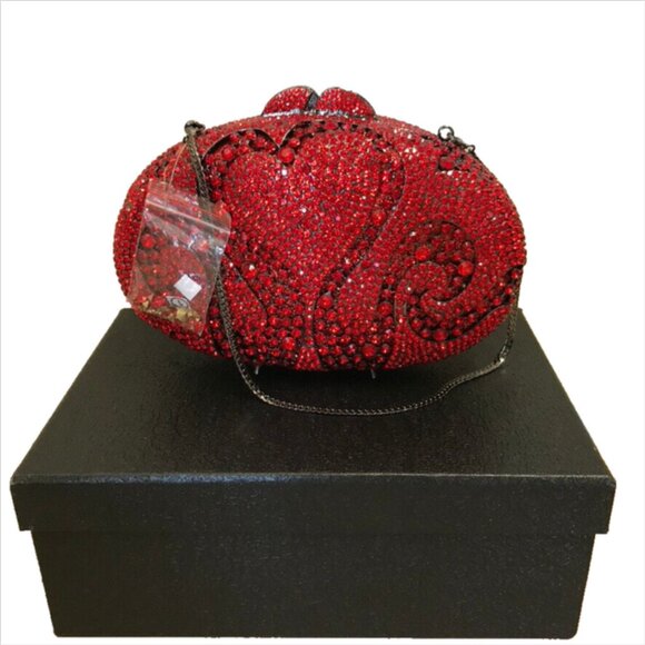 Natasha Couture Minaudiere Crystal Embellished Red Heart Clutch - Picture 1 of 2